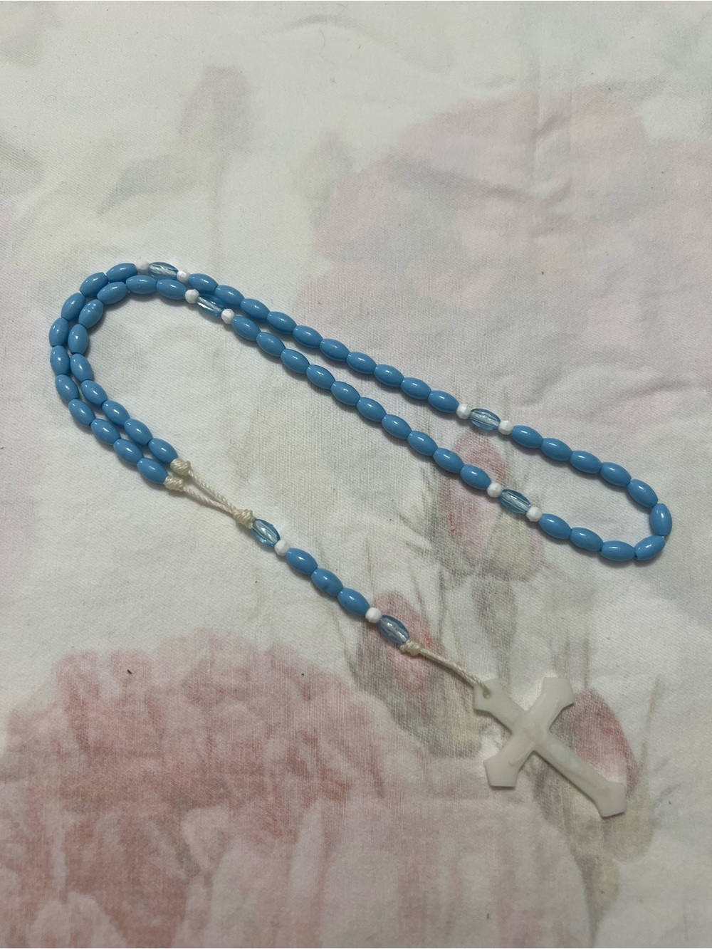 Blue and White Plastic Rosary with Cross Long Necklace 22”